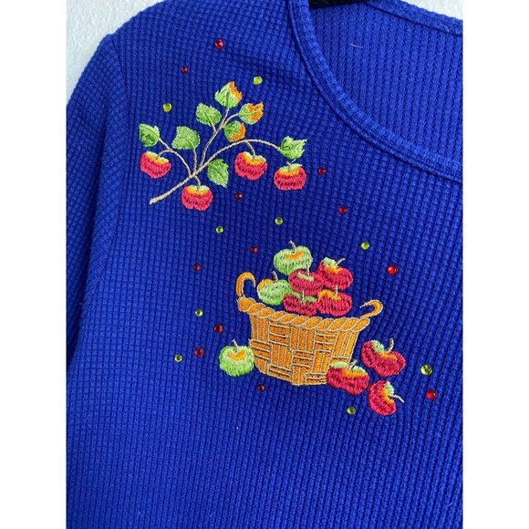Quacker Factory Apple Embroidered Blue Waffle Sweater Top Women Size Medium Fall - Picture 8 of 13